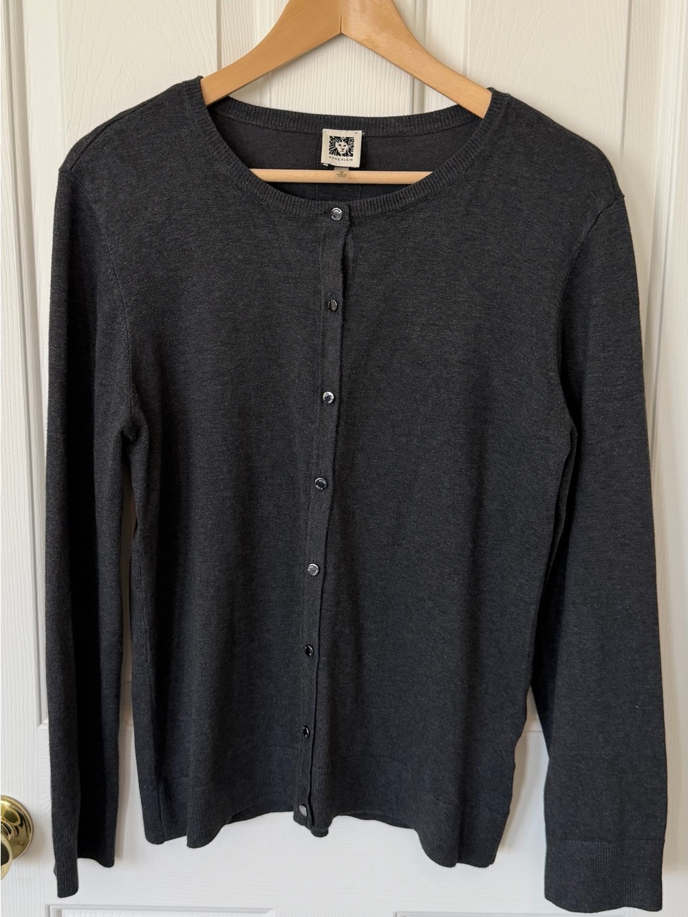 Anne Klein Charcoal Gray Button-Front Crewneck Cardigan